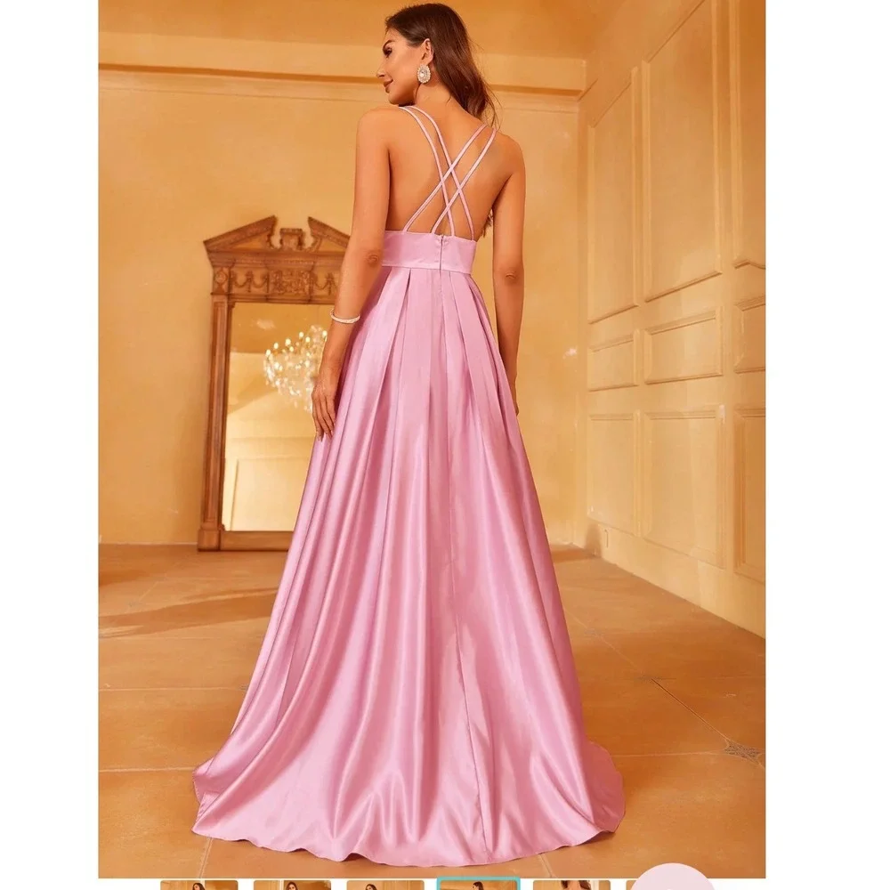 Satin Formal‎ Ball Gown Pink Spaghetti Strap Cross Back Maxi Dress Sz M